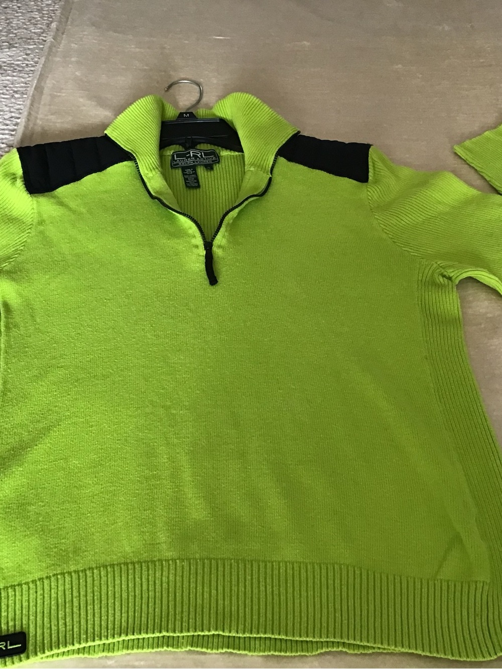 Ralph Lauren Lime Green V-Neck Half-Zip Sweater with Black Shoulder Panels